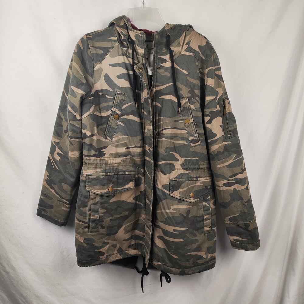 American Rag Cie Coat Juniors Medium Green Camo Hooded Parka Zip Pockets